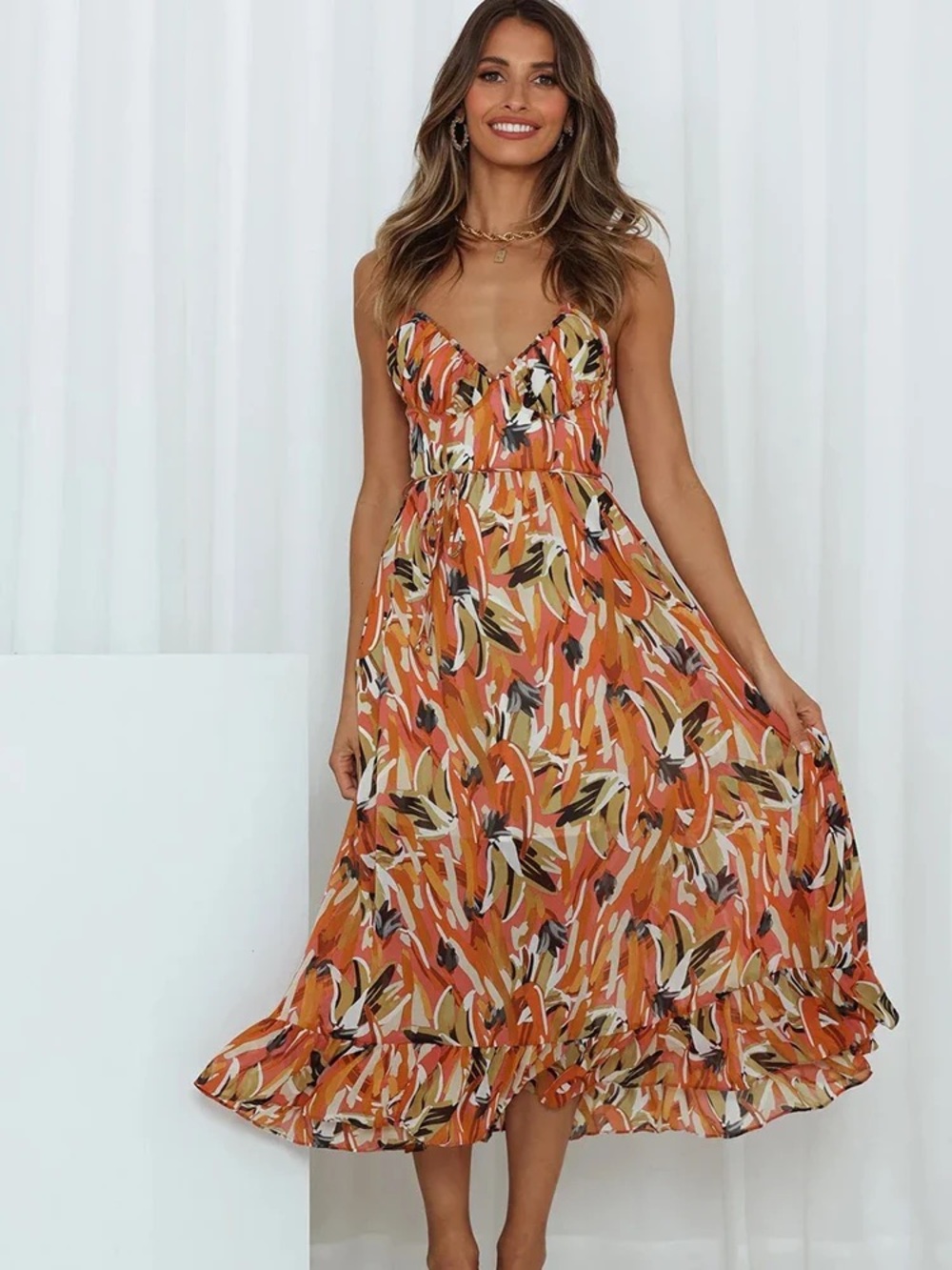 Hello Molly Orange Multi-Print Ruffle Hem Midi Dress